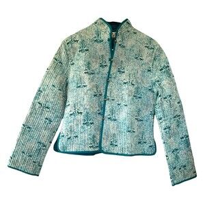 The Tibetan Trader Asian Quilted Jacket Womens Med Aqua Floral Print/Solid Y2K